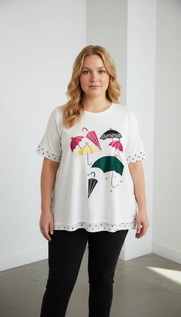 Elegant Umbrella Graphic Blouse with Polka Dot Trim