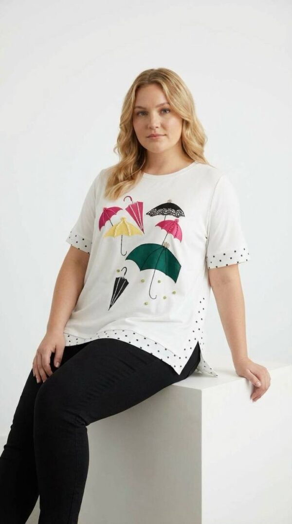 Elegant Umbrella Graphic Blouse with Polka Dot Trim