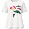 Elegant Umbrella Graphic Blouse with Polka Dot Trim
