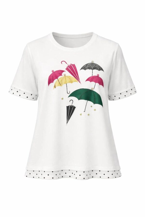 Elegant Umbrella Graphic Blouse with Polka Dot Trim