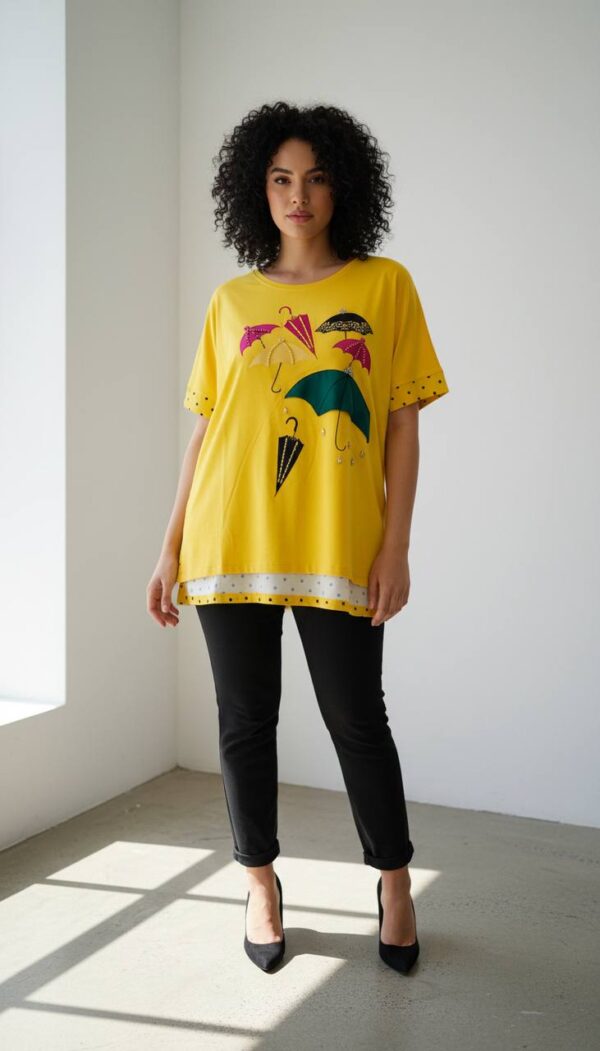 Elegant Umbrella Graphic Blouse with Polka Dot Trim