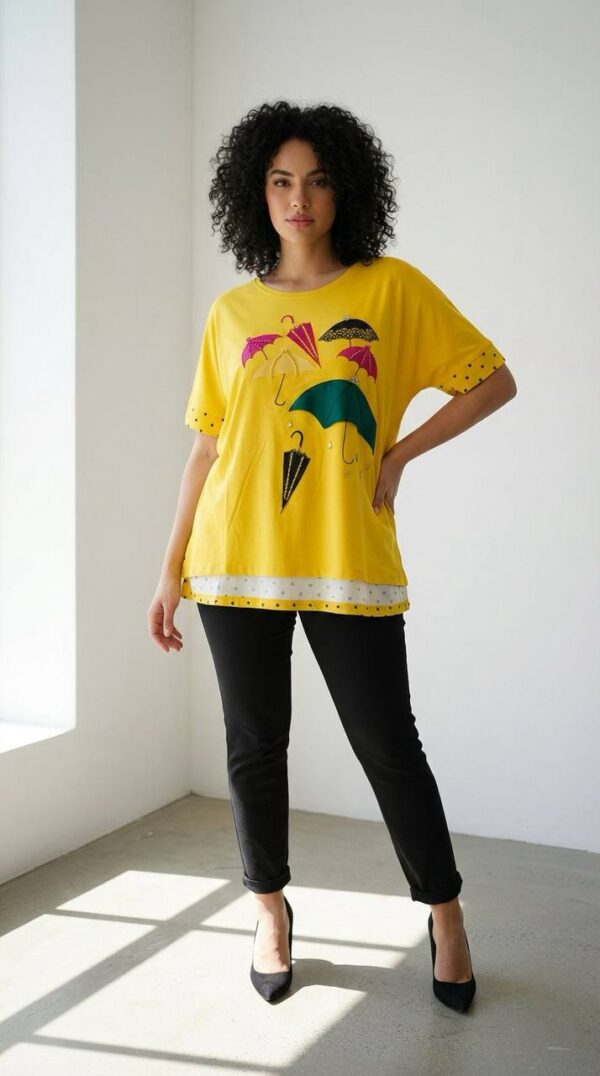 Elegant Umbrella Graphic Blouse with Polka Dot Trim