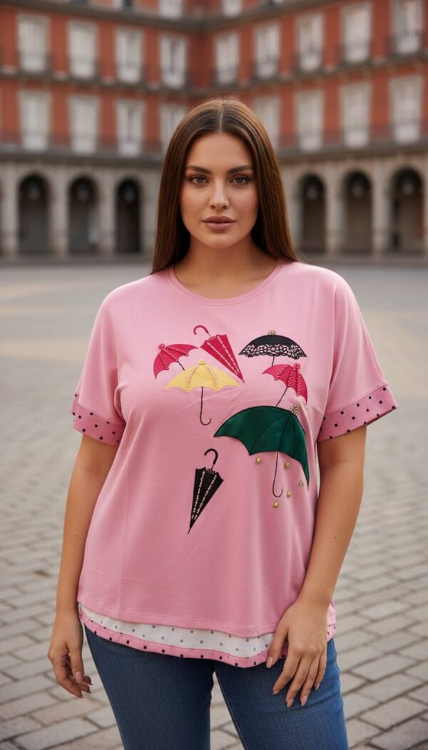 Elegant Umbrella Graphic Blouse with Polka Dot Trim