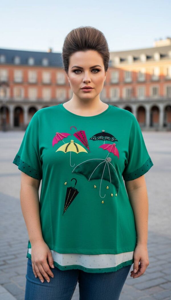 Elegant Umbrella Graphic Blouse with Polka Dot Trim