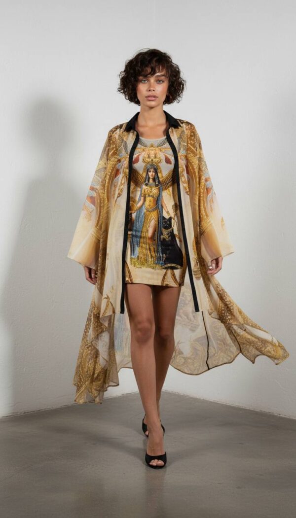 Egyptian Print Two-Piece Dress and Kimono Set