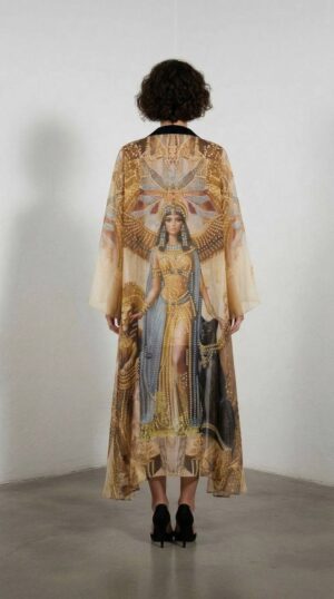 Egyptian Print Two-Piece Dress and Kimono Set