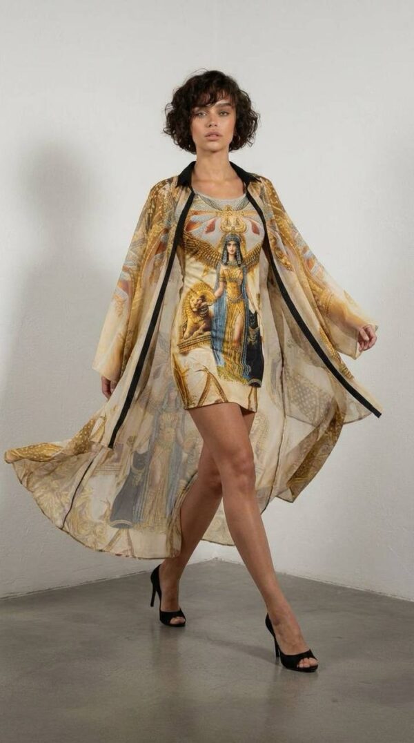 Egyptian Print Two-Piece Dress and Kimono Set