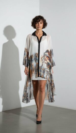 Elegant Two-Piece Graphic Print Kimono Dress Set