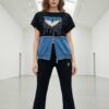 Chic Denim-Patch Graphic Tee and Flare Pants Set