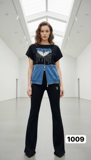 Chic Denim-Patch Graphic Tee and Flare Pants Set
