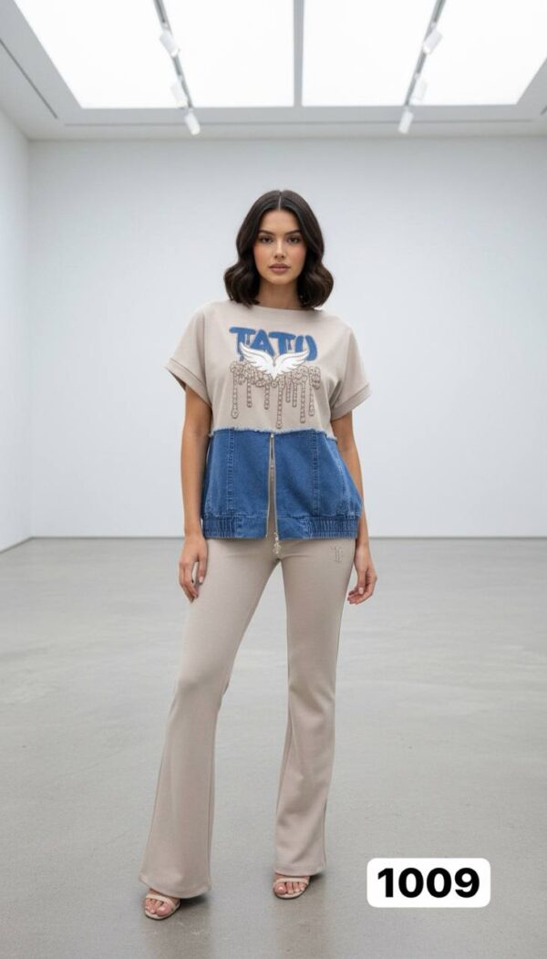 Chic Denim-Patch Graphic Tee and Flare Pants Set