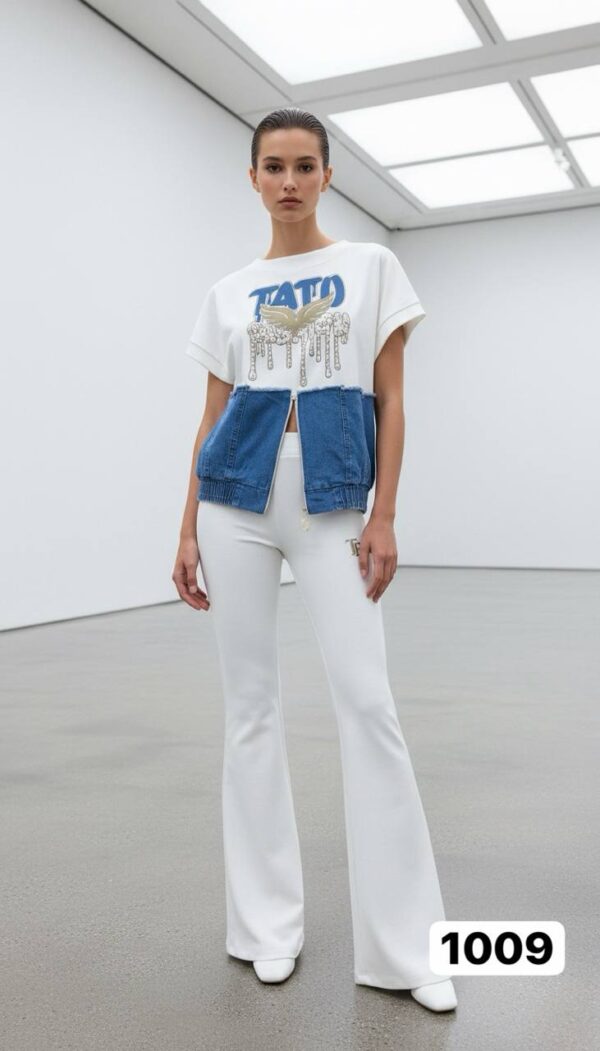 Chic Denim-Patch Graphic Tee and Flare Pants Set