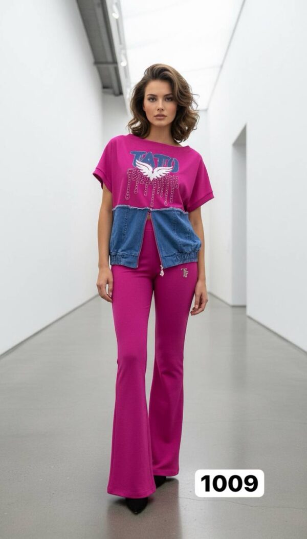 Chic Denim-Patch Graphic Tee and Flare Pants Set