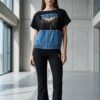 Chic Denim-Patch Graphic Tee and Flare Pants Set