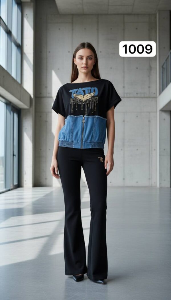 Chic Denim-Patch Graphic Tee and Flare Pants Set