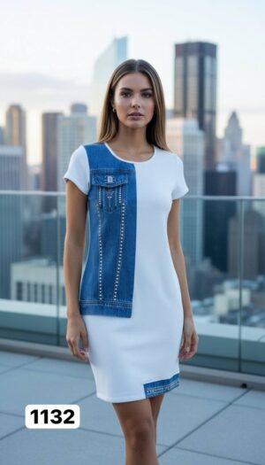 Chic Mixed-Media Denim Panel White Mini Dress