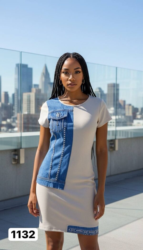Chic Mixed-Media Denim Panel White Mini Dress