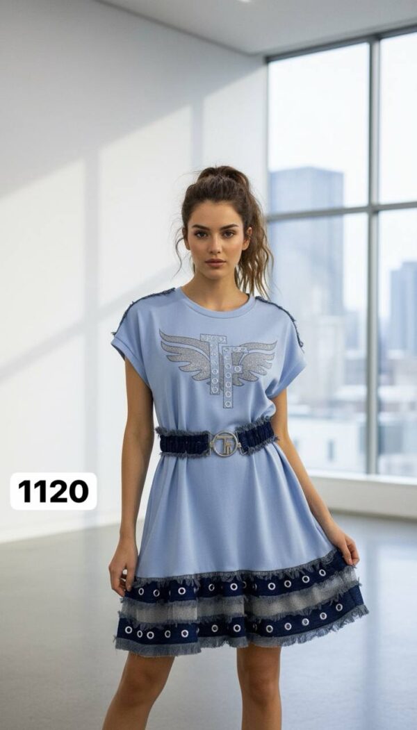 Embellished Wing Graphic Mini Dress with Denim Trim