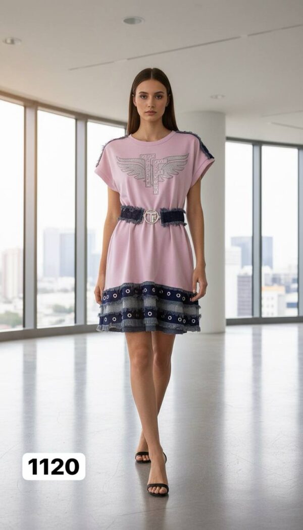 Embellished Wing Graphic Mini Dress with Denim Trim