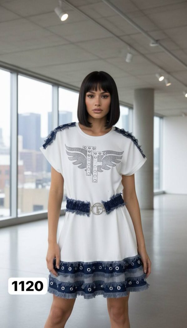 Embellished Wing Graphic Mini Dress with Denim Trim