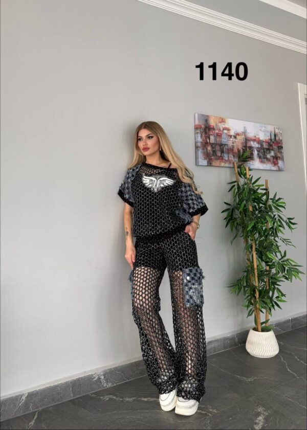 Mesh Crochet Wings Graphic Two-Piece Cargo Set