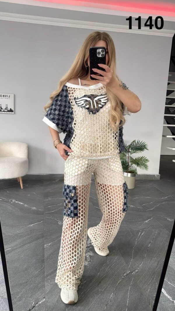 Mesh Crochet Wings Graphic Two-Piece Cargo Set