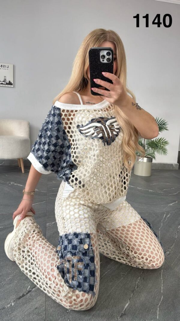 Mesh Crochet Wings Graphic Two-Piece Cargo Set