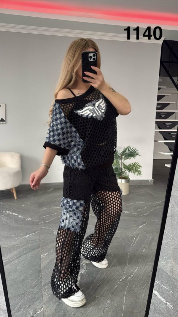 Mesh Crochet Wings Graphic Two-Piece Cargo Set