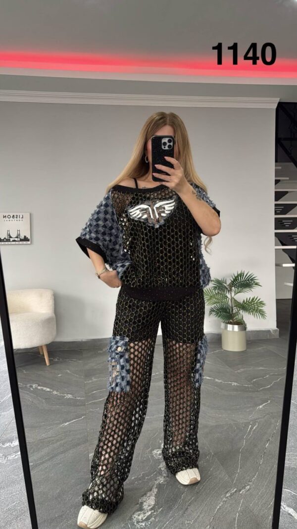 Mesh Crochet Wings Graphic Two-Piece Cargo Set