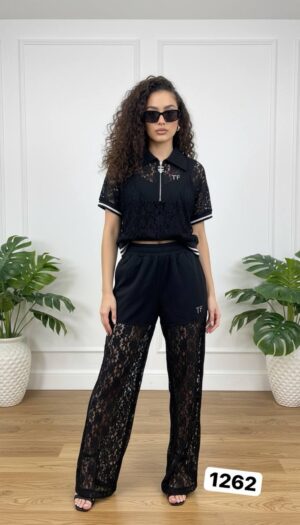 Women's Elegant Lace Two-Piece Polo and Pants Set