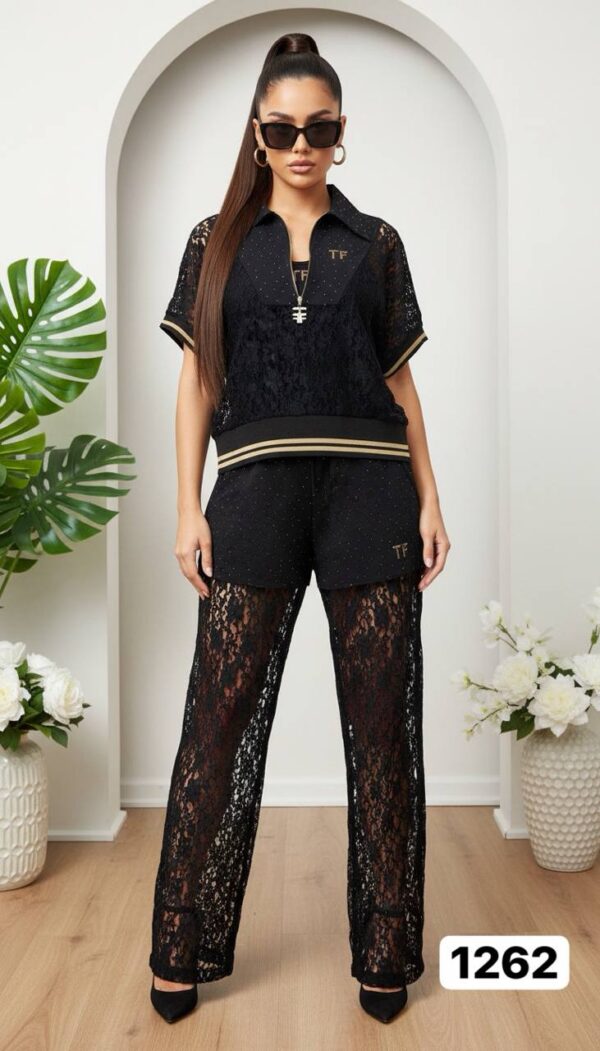 Women's Elegant Lace Two-Piece Polo and Pants Set