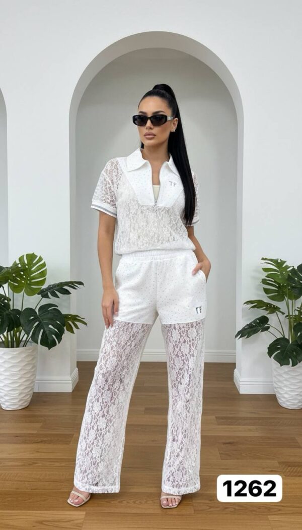 Women's Elegant Lace Two-Piece Polo and Pants Set