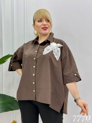 Elegant Brown Oversized Shirt with Floral Applique