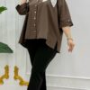Elegant Brown Oversized Shirt with Floral Applique