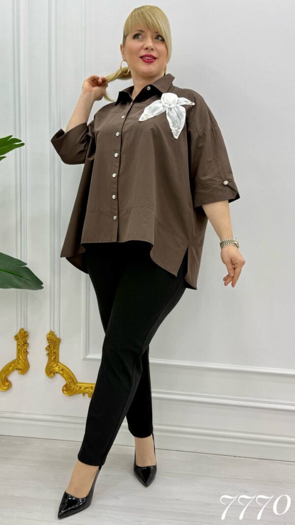 Elegant Brown Oversized Shirt with Floral Applique