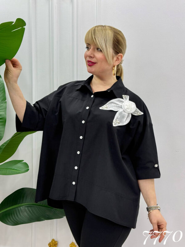 Elegant Brown Oversized Shirt with Floral Applique