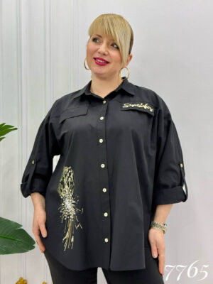Elegant Black Button-Down Shirt with Gold Embroidery