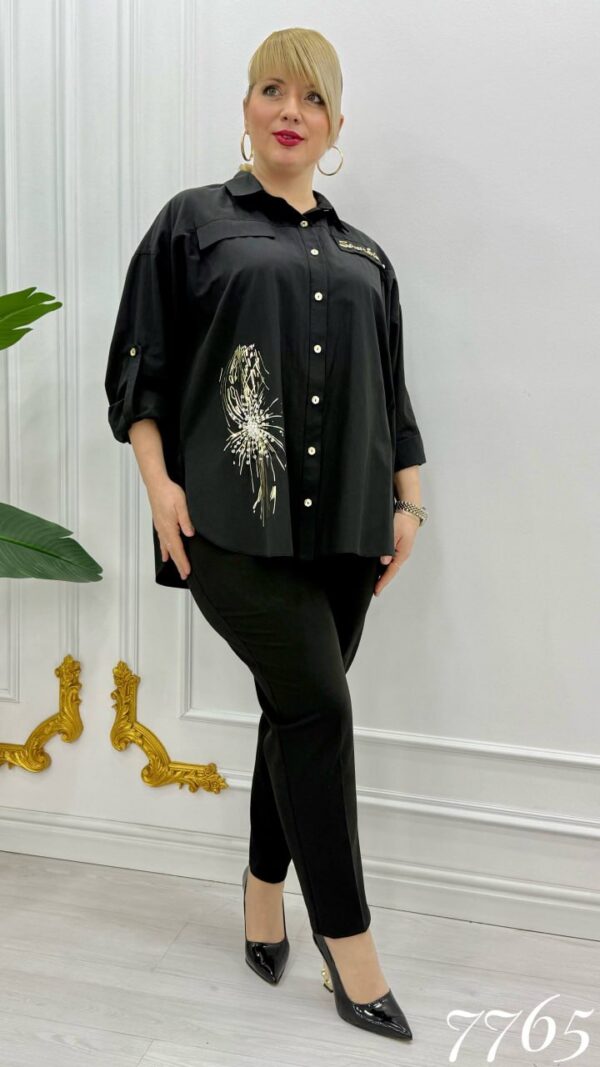 Elegant Black Button-Down Shirt with Gold Embroidery