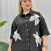 Elegant Brown Oversized Shirt with Floral Applique