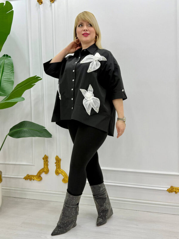 Elegant Brown Oversized Shirt with Floral Applique