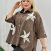 Elegant Brown Oversized Shirt with Floral Applique