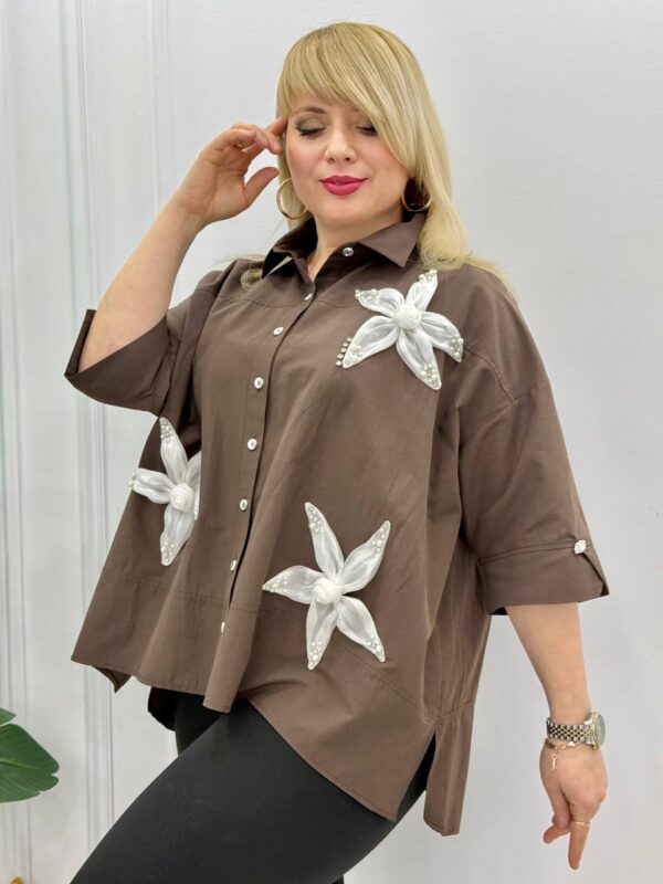 Elegant Brown Oversized Shirt with Floral Applique