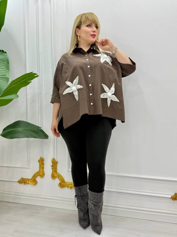Elegant Brown Oversized Shirt with Floral Applique