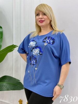 Elegant Blue Floral Embellished Dolman Sleeve Blouse