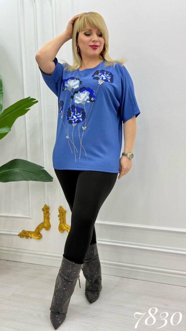 Elegant Blue Floral Embellished Dolman Sleeve Blouse