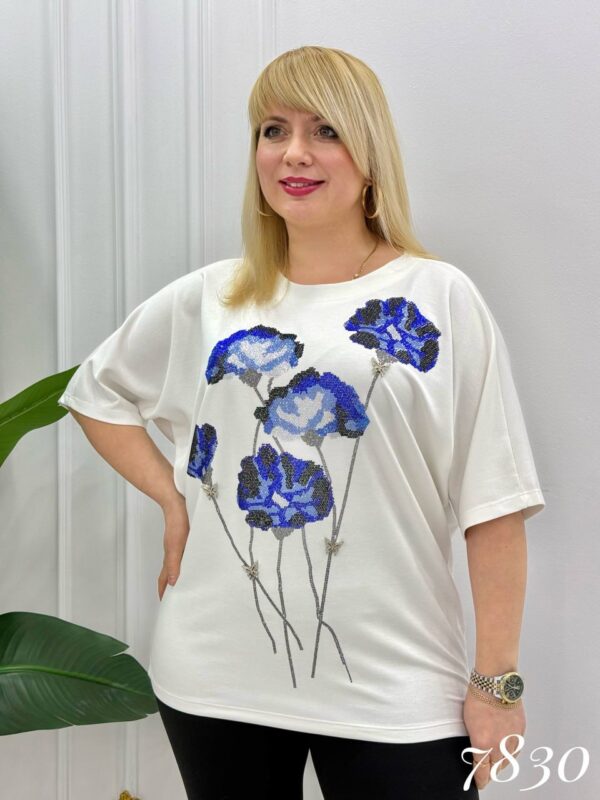 Elegant Blue Floral Embellished Dolman Sleeve Blouse