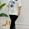 Elegant Blue Floral Embellished Dolman Sleeve Blouse