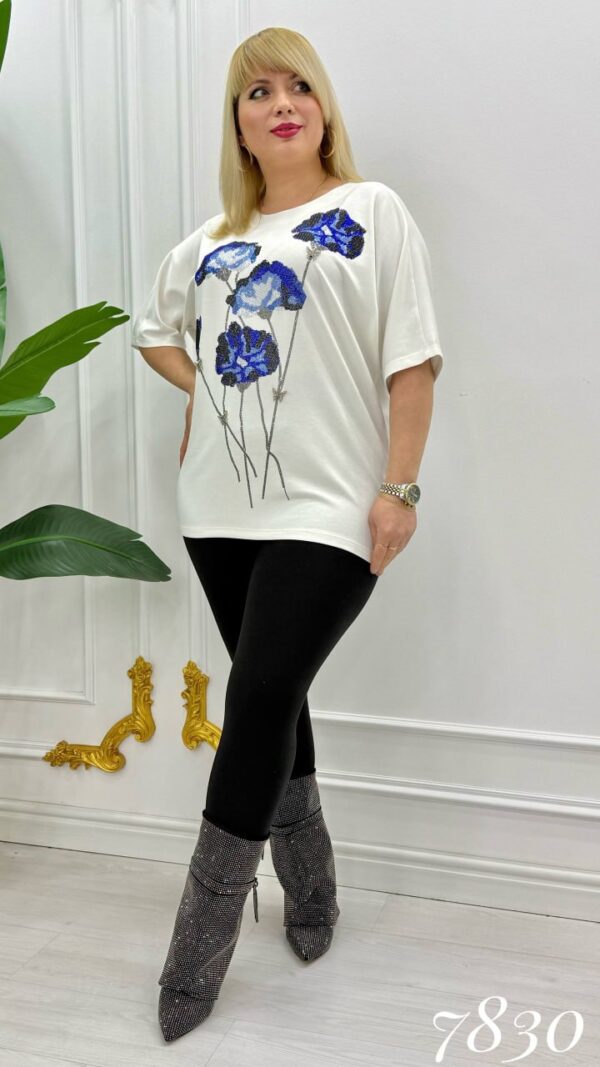 Elegant Blue Floral Embellished Dolman Sleeve Blouse
