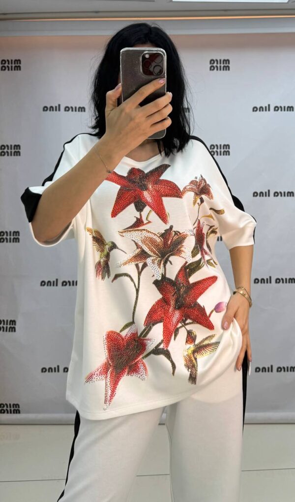 Elegant Floral Print Two-Piece Tunic and Trouser Set