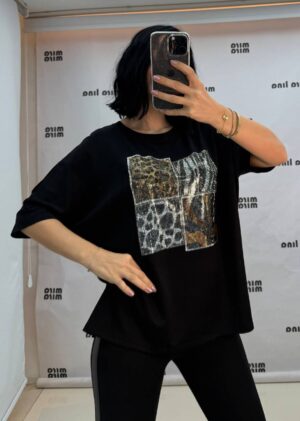 Women's Black Rhinestone Animal Print Fashion Blouse